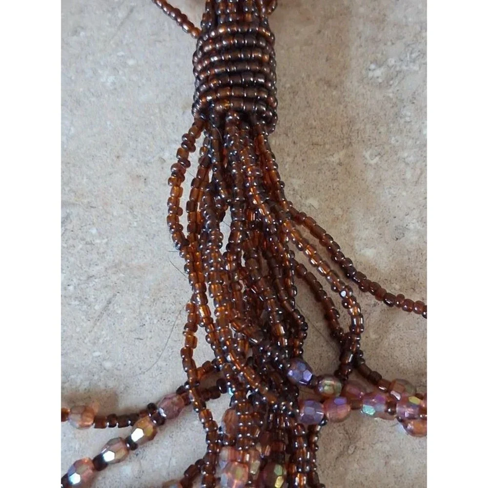 Brown Iridescent Seed Bead Multi Strand Knotted Tassel Lariat Statement Necklace